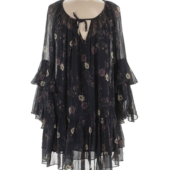🌸 Free People Black Sheer Floral Ruffle Dress w/ Slip | Tie Neck Boho Romantic - Picture 3 of 14